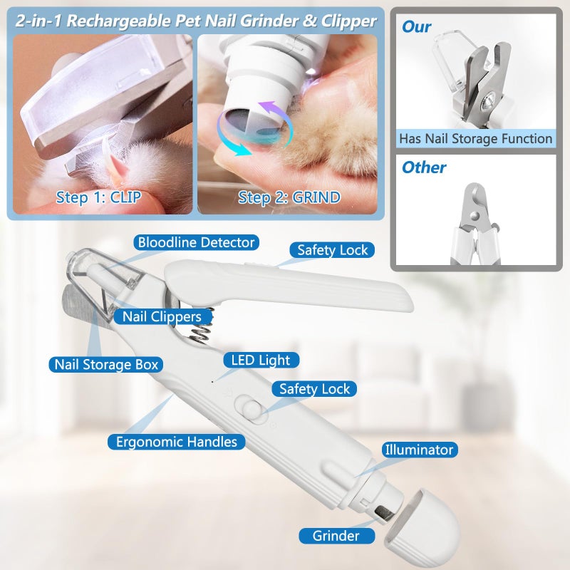 Deisunpet 2-in-1 Led Cat Dog Nail Clipper & Nail Grinder with Lights,Rechargeable Pet Nail Trimmers with Nail File,Protective Guard,Quick Sensor,Pet Claw Clippers for Medium Small Dogs Cats Rabbits - Image 3