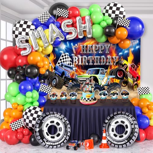 Golray 145Pcs Monster Truck Birthday Decorations Machines Party Decoration with Truck Theme Balloon Garland Arch Kit Wheel Foil Balloon Backdrop Cake Topper Baby Shower Truck Birthday Supplies for Boys - Image 1