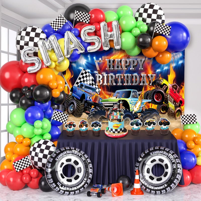 Golray 145Pcs Monster Truck Birthday Decorations Machines Party Decoration with Truck Theme Balloon Garland Arch Kit Wheel Foil Balloon Backdrop Cake Topper Baby Shower Truck Birthday Supplies for Boys - Image 2
