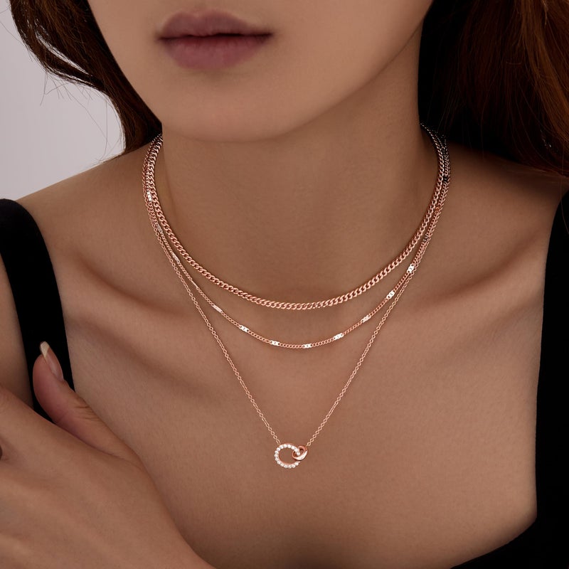 WomenGifts 14K Rose Gold Plated Layered Necklace Set - 3-Piece Interlocking Double Ring Pendant with Sparkling CZ, Chic Cuban Link Choker & Textured Chains, Romantic Valentine's Day Jewelry Gift for Mom - Image 3