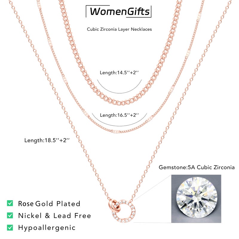 WomenGifts 14K Rose Gold Plated Layered Necklace Set - 3-Piece Interlocking Double Ring Pendant with Sparkling CZ, Chic Cuban Link Choker & Textured Chains, Romantic Valentine's Day Jewelry Gift for Mom - Image 5