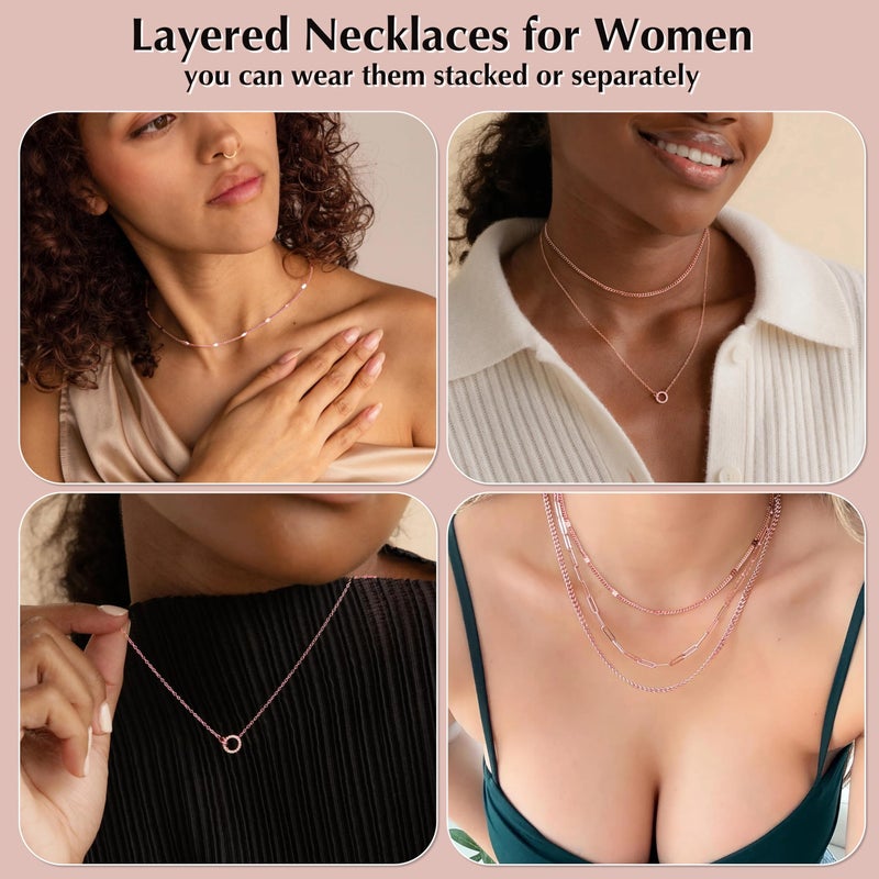 WomenGifts 14K Rose Gold Plated Layered Necklace Set - 3-Piece Interlocking Double Ring Pendant with Sparkling CZ, Chic Cuban Link Choker & Textured Chains, Romantic Valentine's Day Jewelry Gift for Mom - Image 4