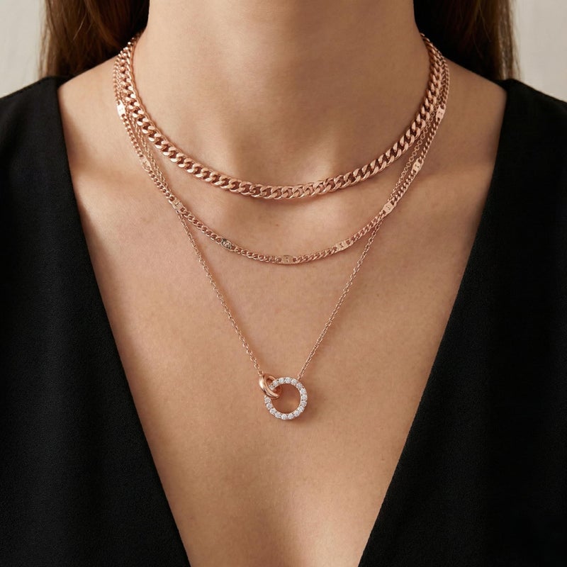 WomenGifts 14K Rose Gold Plated Layered Necklace Set - 3-Piece Interlocking Double Ring Pendant with Sparkling CZ, Chic Cuban Link Choker & Textured Chains, Romantic Valentine's Day Jewelry Gift for Mom - Image 2