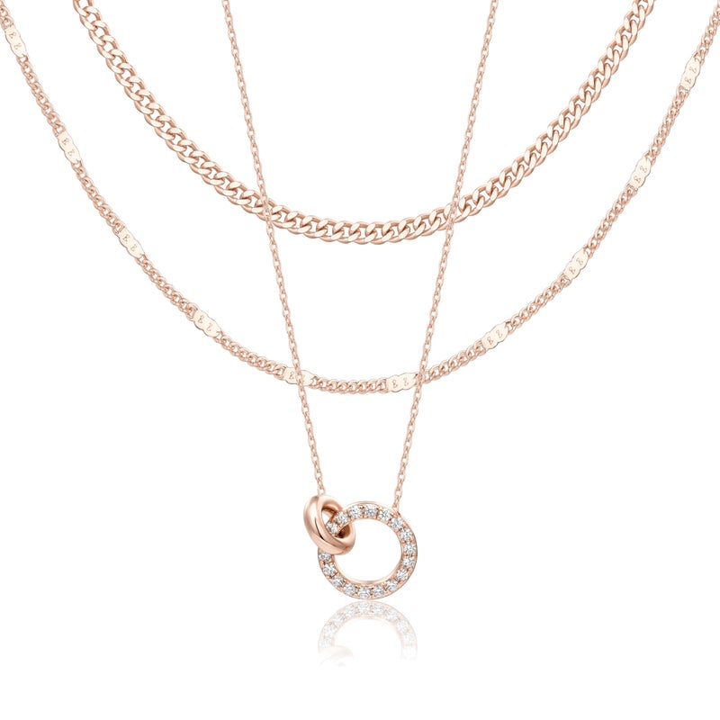 WomenGifts 14K Rose Gold Plated Layered Necklace Set - 3-Piece Interlocking Double Ring Pendant with Sparkling CZ, Chic Cuban Link Choker & Textured Chains, Romantic Valentine's Day Jewelry Gift for Mom - Image 1