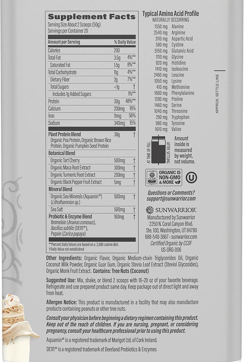 Sunwarrior Organic Plant Based Protein Powder  Vegan Organic Protein Powder with BCAA Amino Acids Plus Recovery Minerals  Botanicals  NonGMO Soy Dairy  Gluten Free Cake Batter 20 Servings - Image 2
