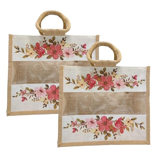 Sangra Multicolour Jute Bags with Transparent Window for jute bag for Return Gifts| Jute Bags for Wedding| Jute Bag for Shopping| Lunch Bag for Men and Women Floral - (Pack Of Two) - Image 1