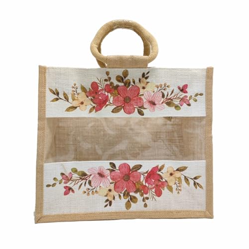 Sangra Multicolour Jute Bags with Transparent Window for jute bag for Return Gifts| Jute Bags for Wedding| Jute Bag for Shopping| Lunch Bag for Men and Women Floral - (Pack Of Two) - Image 2