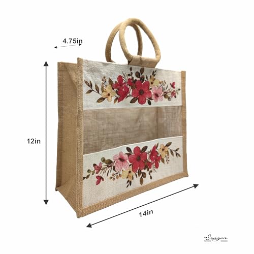 Sangra Multicolour Jute Bags with Transparent Window for jute bag for Return Gifts| Jute Bags for Wedding| Jute Bag for Shopping| Lunch Bag for Men and Women Floral - (Pack Of Two) - Image 3