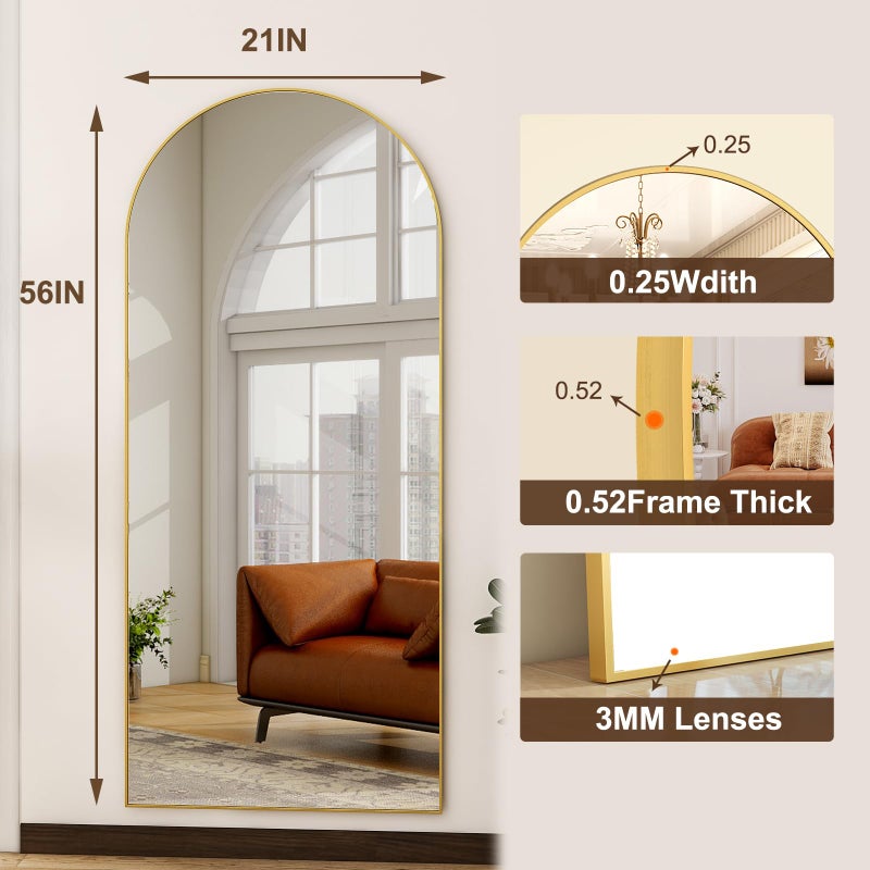 HARRITPURE 56"x21"Full Length Mirror Arch Floor Mirrors with Aluminum Alloy Frame Free-Standing Wall Mounted or Leaning Large Bedroom Dressing Mirror Modern & Contemporary Decor for Home,Gold - Image 4