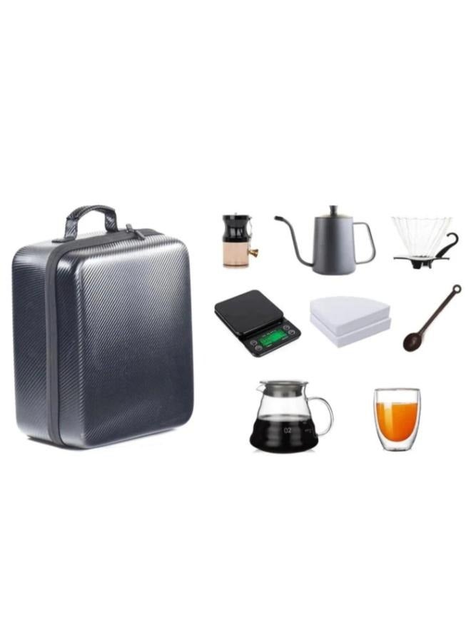 Set of Travel Coffee Gift Set with Goose Neck Kettle Digital Scale Double Walled Glass Mug Glass Server Manual Grinder Glass Dipper 100 pcs Paper Filter and Scope for Drip Coffee TS-05 - Image 1