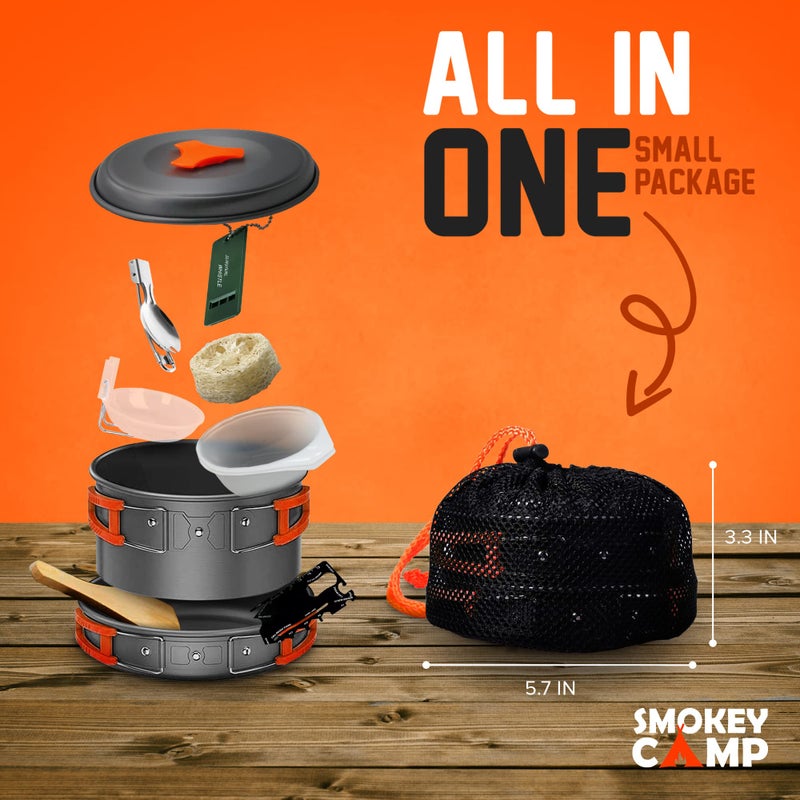 Smokey Camp 11 Pcs Smokey Camp Backpacking Cooking Set - Compact Camping Cookware Mess Kit, All in One Camping Cooking Set, Non-Stick Camping Cookware Kit, Hiking, Picnic, Outdoor & Camping Cookware Set - Image 2