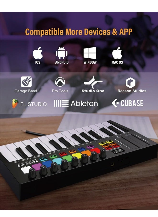 KONIX - MIDI Keyboard Controller 25 Key USB MIDI Keyboard with 8 Backlit Drum Pads, 8 Knobs, OLED Display, Portable MIDI Keyboard Controller for Music Production - Image 1