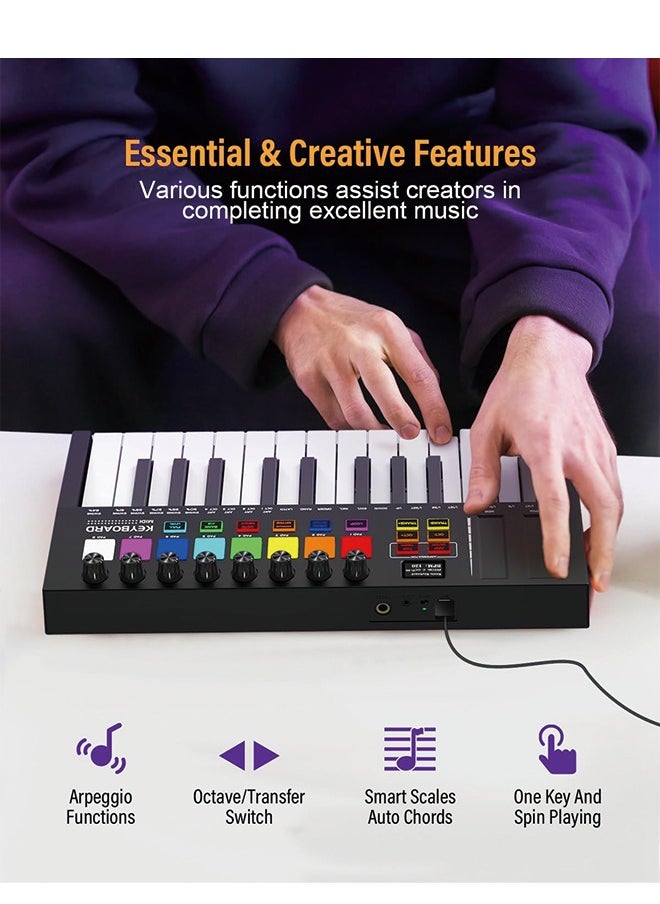 KONIX - MIDI Keyboard Controller 25 Key USB MIDI Keyboard with 8 Backlit Drum Pads, 8 Knobs, OLED Display, Portable MIDI Keyboard Controller for Music Production - Image 1