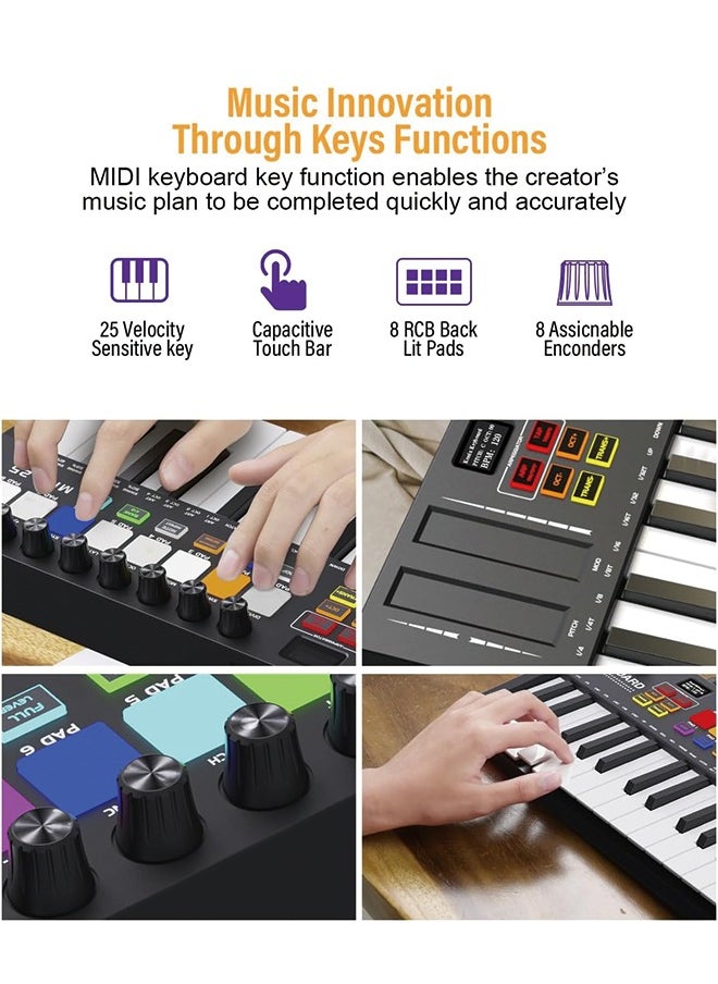 KONIX - MIDI Keyboard Controller 25 Key USB MIDI Keyboard with 8 Backlit Drum Pads, 8 Knobs, OLED Display, Portable MIDI Keyboard Controller for Music Production - Image 1