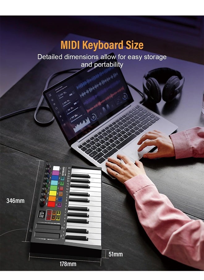 KONIX - MIDI Keyboard Controller 25 Key USB MIDI Keyboard with 8 Backlit Drum Pads, 8 Knobs, OLED Display, Portable MIDI Keyboard Controller for Music Production - Image 1
