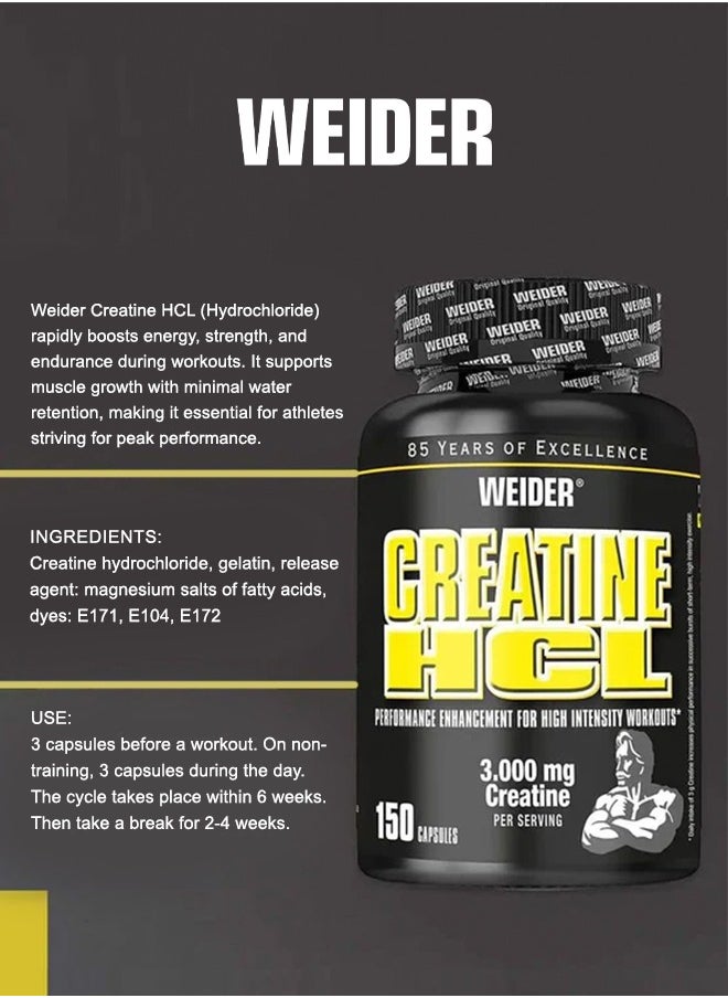 Weider - Creatine HCL Performance Enhancement For High Intensity Workout, 3.000mg Creatine Per servings - 150 Capsules - Image 1