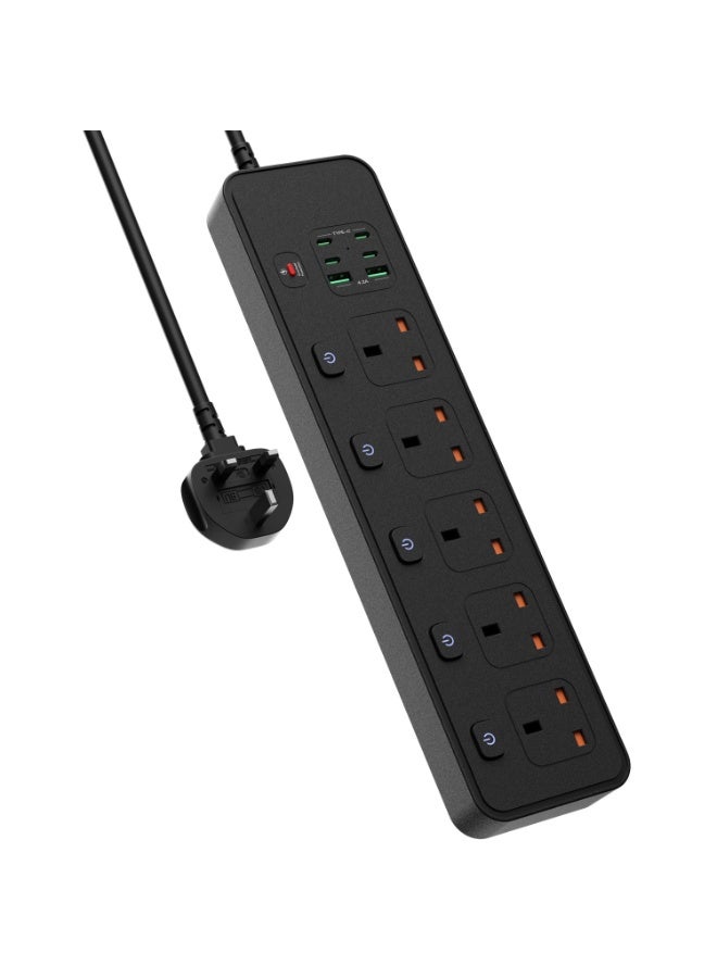 Axaron Surge Protector Power Strip, 5 AC Sockets/2 USB A/4 USB C, 5 Independent Switches, 2 Meters Extension Cord, for Home Office Travel Multi Device Multiple Plugs Wall Mounted  Charging Station - Image 1