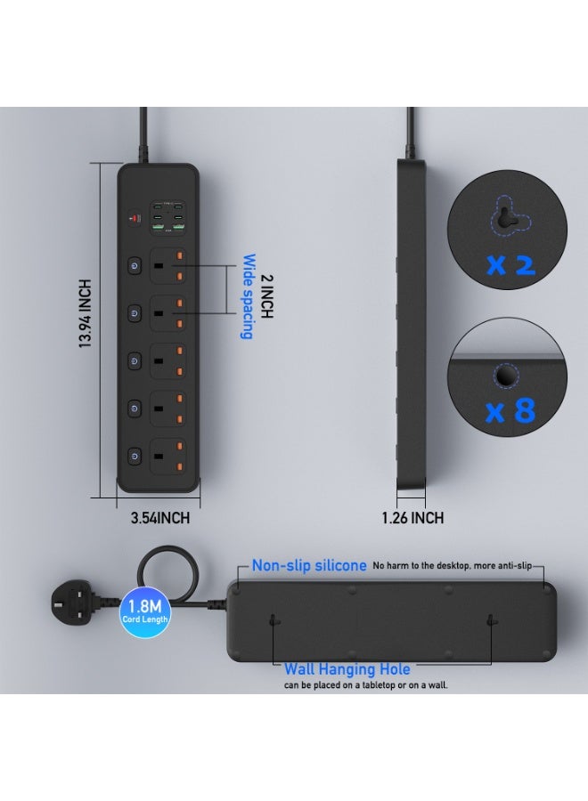 Axaron Surge Protector Power Strip, 5 AC Sockets/2 USB A/4 USB C, 5 Independent Switches, 2 Meters Extension Cord, for Home Office Travel Multi Device Multiple Plugs Wall Mounted  Charging Station - Image 3