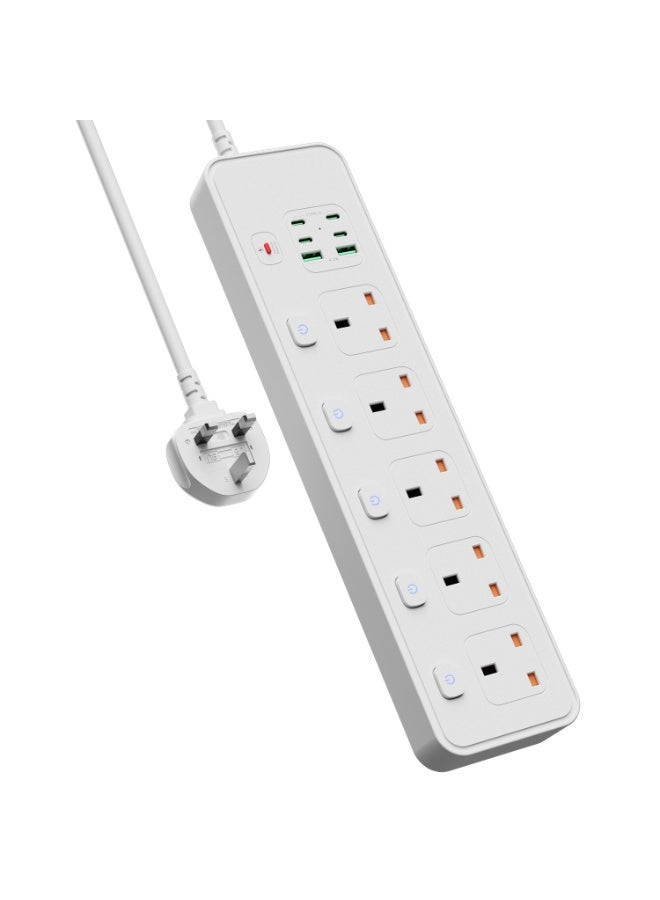 Axaron Surge Protector Power Strip, 5 AC Sockets/2 USB A/4 USB C, 5 Independent Switches, 2 Meters Extension Cord, for Home Office Travel Multi Device Multiple Plugs Wall Mounted  Charging Station - Image 2