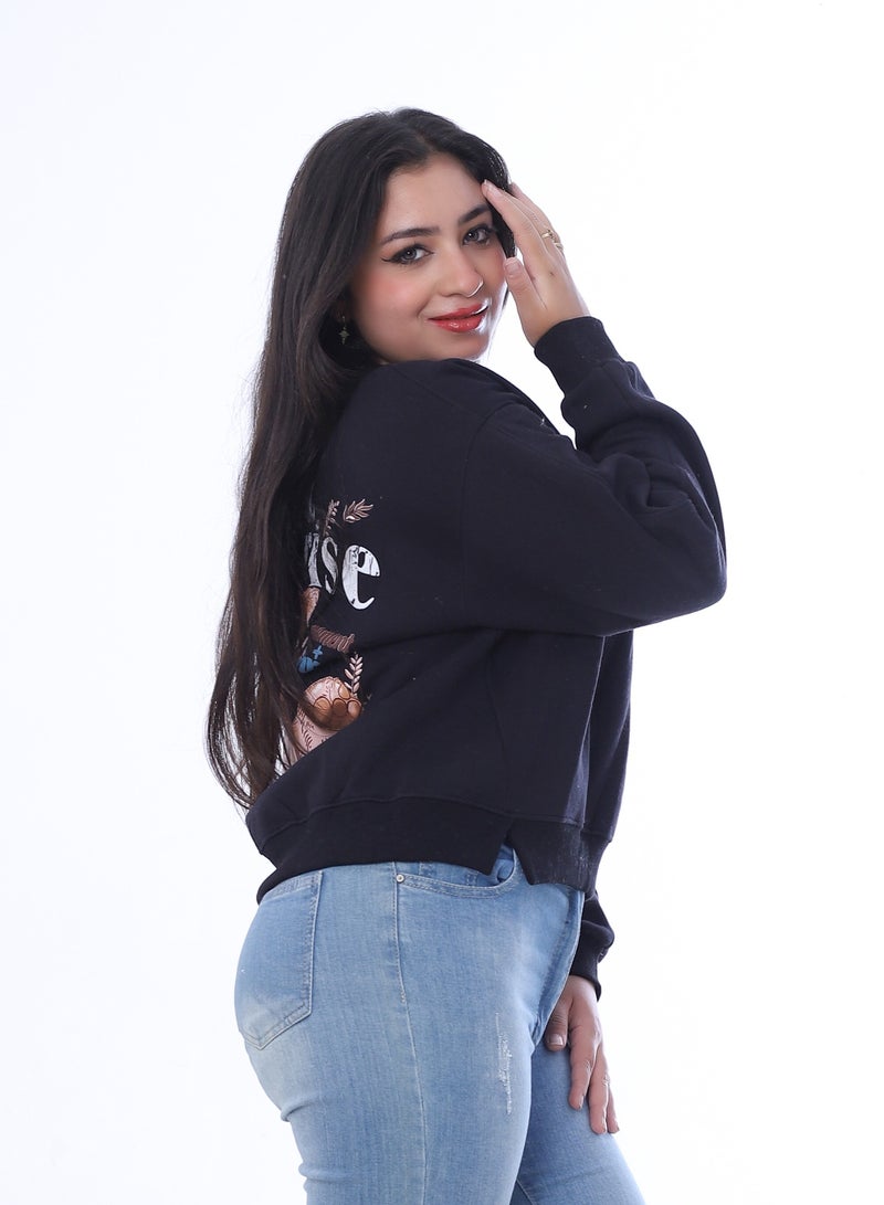 بيبو سويت شيرت نسائي، طباعة جرافيك، أكمام طويلة_اسود - Image 3