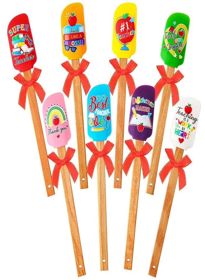 Layhit 8 Pcs Christmas Silicone Spatulas Teacher Appreciation Theme Spatula with Red Ribbon Bows Wooden Handle for Teachers Appreciation Day Holiday Gifts Graduation - Image 1