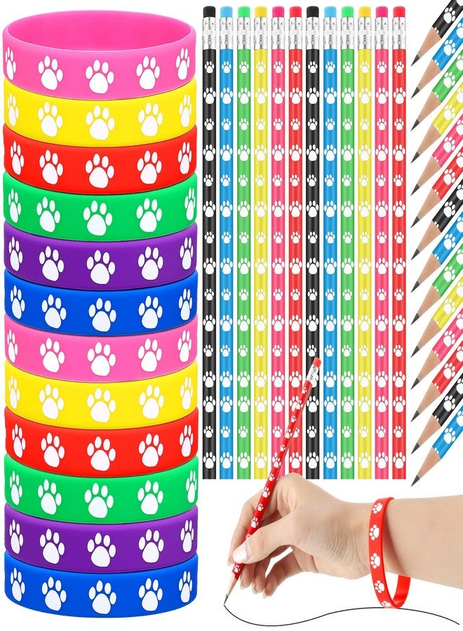 Harloon 120 Pcs Paw Print Rubber Bracelets Pencil Sets Back to School Gifts Bulk Multicolor Silicone Stretch Wristbands Wooden Paw Print Pencil Dog Pencils for Fun School Supplies and Reward Prizes - Image 1