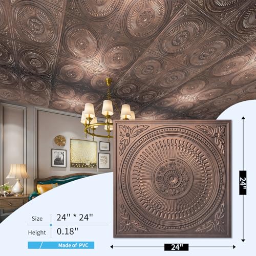 Art3d 12-Pack Drop Ceiling Tiles 2x2 FT, Decorative Easy Install PVC Ceiling Panels for Interior Kitchen Bathroom Basement, 24x24 Inch, Antique Copper - Image 4