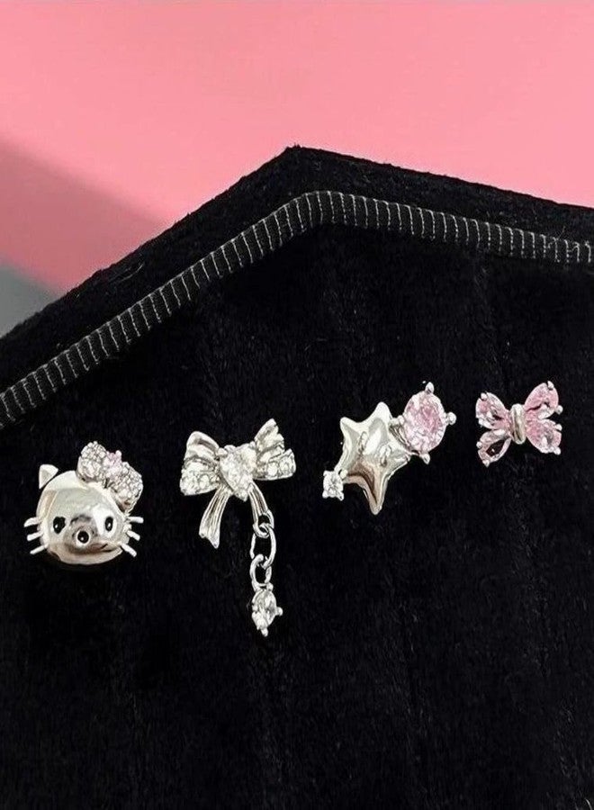 زينوفا مجموعة أقراط زينوفا المكونة من 4 قطع، بتصميمات لطيفة على شكل نجمة وقطة وفيونكة، تُثبّت على غضروف الأذن، ذات ظهر مسطح، للنساء، عيار 20، مرصعة بكريستال الزركونيا المكعب اللامع على شكل فيونكة، أقراط حلزونية أنيقة تُثبّت على غضروف الأذن. - Image 4
