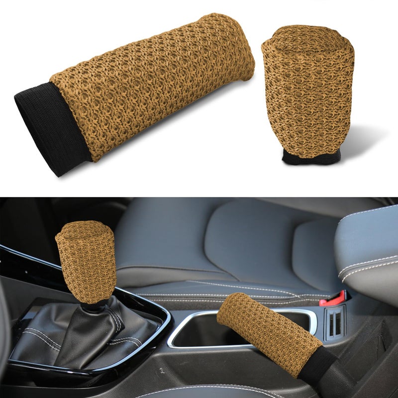 Zufoty 2 Pack Car Gear Shift Knob Cover Handbrake Cover Automotive AntiSlip Breathable Comfortable Handbrake Gear Shift Protector Universal Vehicle Interior Accessories Beige