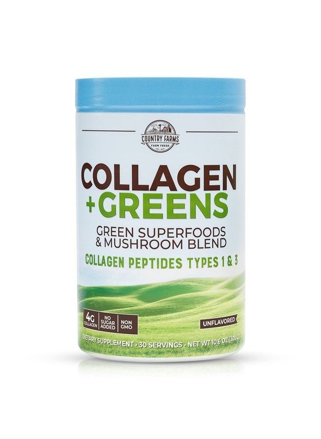 COUNTRY FARMS Collagen Peptides Powder with Greens Dietary Powder Supplement (Type I, III) for Skin Hair Nail and Joints, Dairy/Gluten/Sugar Free, Energizing Superfoods, Natural, 10.6 Oz 30 Servings  - Image 1