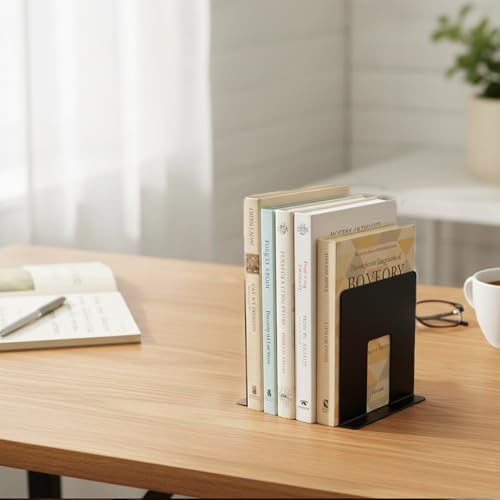Spillbox Metal Non Slip Bookend Book Shelves | Book Stand |Home Decor | Book Holder| Case | Bracket | Book Holder Stand | Heavy Duty | Set | Book Ends for Office, Home - U Cut Small(Black) - Image 2