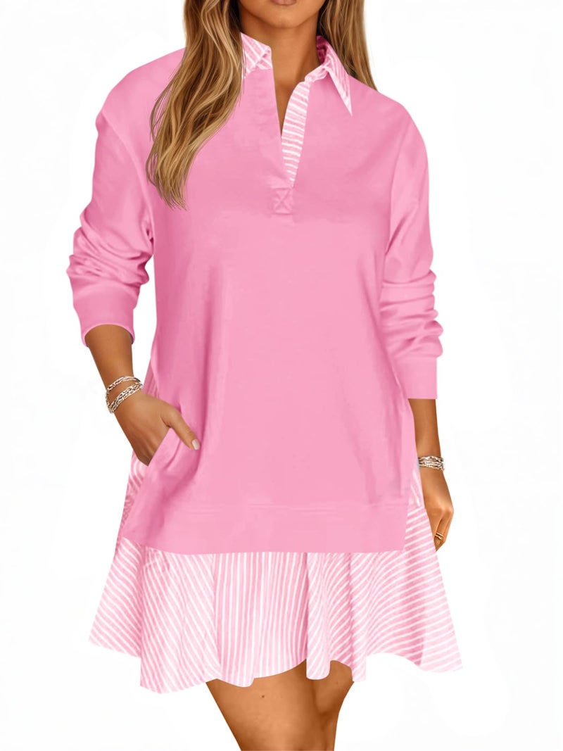 Wenrine Womens Oversized Sweatshirt Dress Casual Long Sleeve Collared V Neck Patchwork Loose Mini Dresses Pink - Image 1