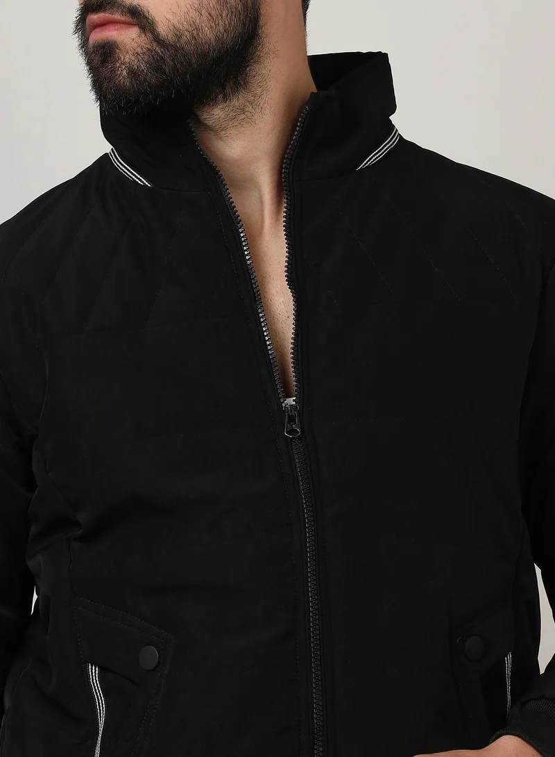 Campus Sutra Men's Onyx Black Quited Bomber Jacket With Ribbed Hem