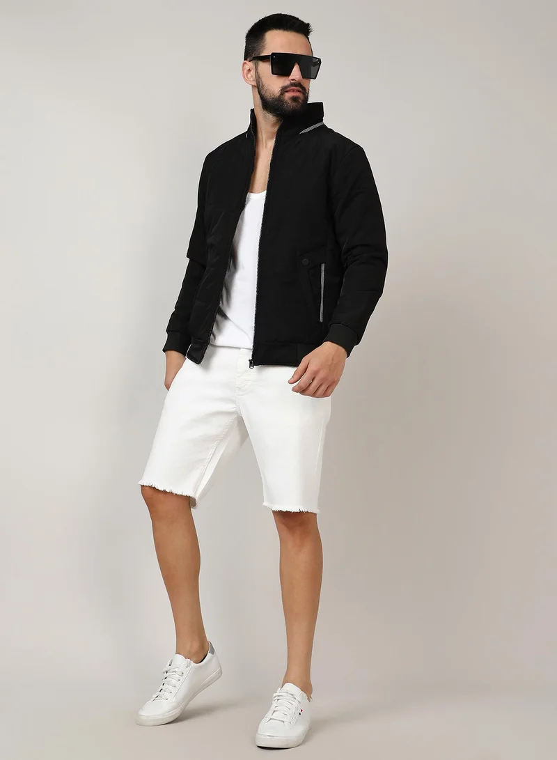 Campus Sutra Men's Onyx Black Quited Bomber Jacket With Ribbed Hem