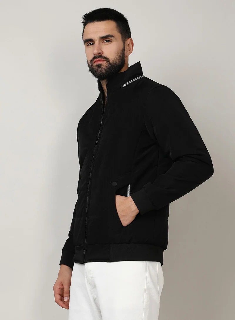 Campus Sutra Men's Onyx Black Quited Bomber Jacket With Ribbed Hem