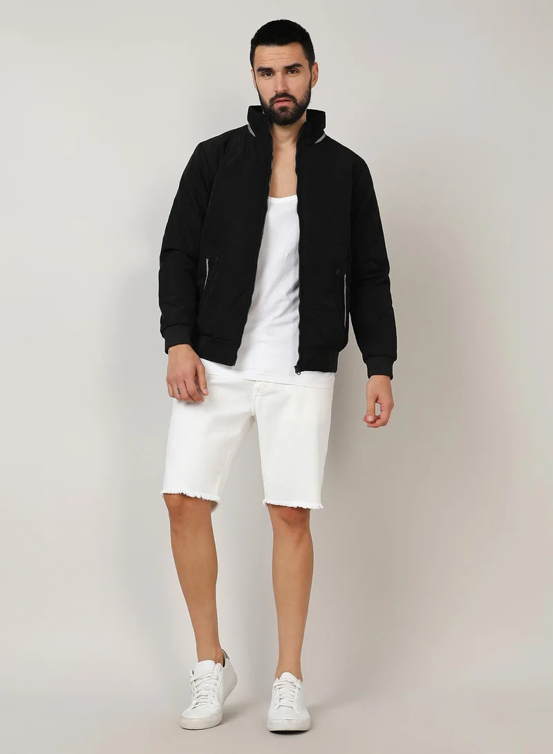 Campus Sutra Men's Onyx Black Quited Bomber Jacket With Ribbed Hem