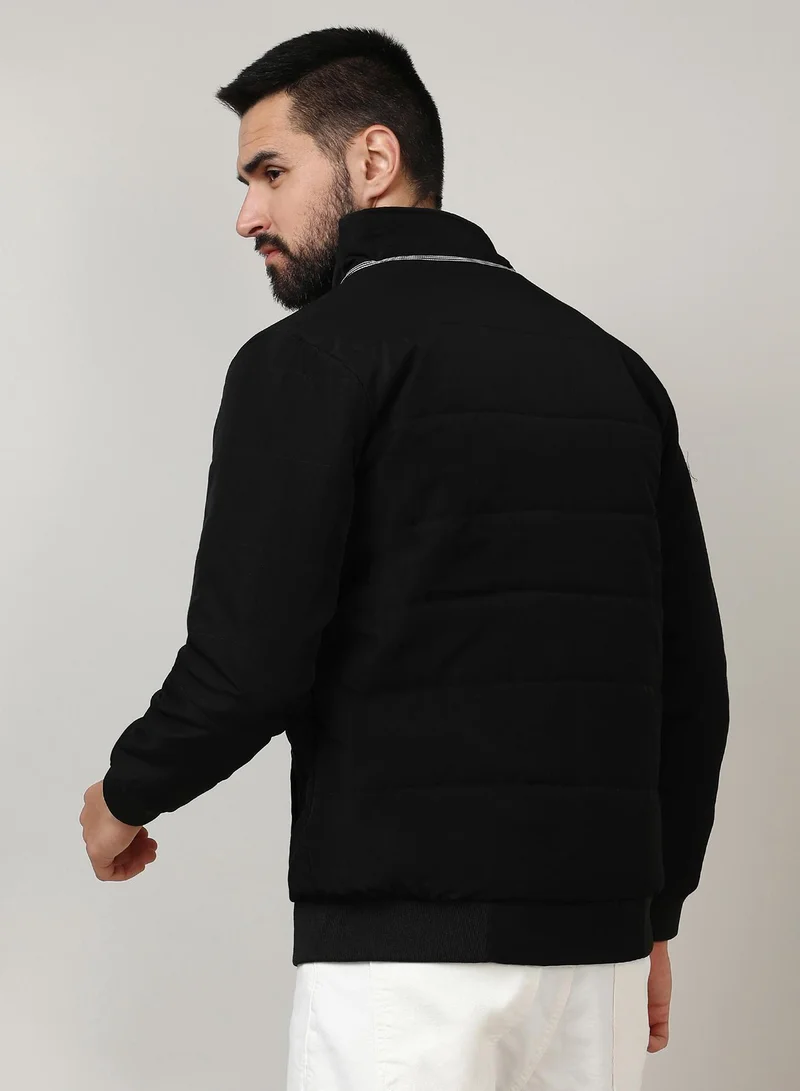 Campus Sutra Men's Onyx Black Quited Bomber Jacket With Ribbed Hem