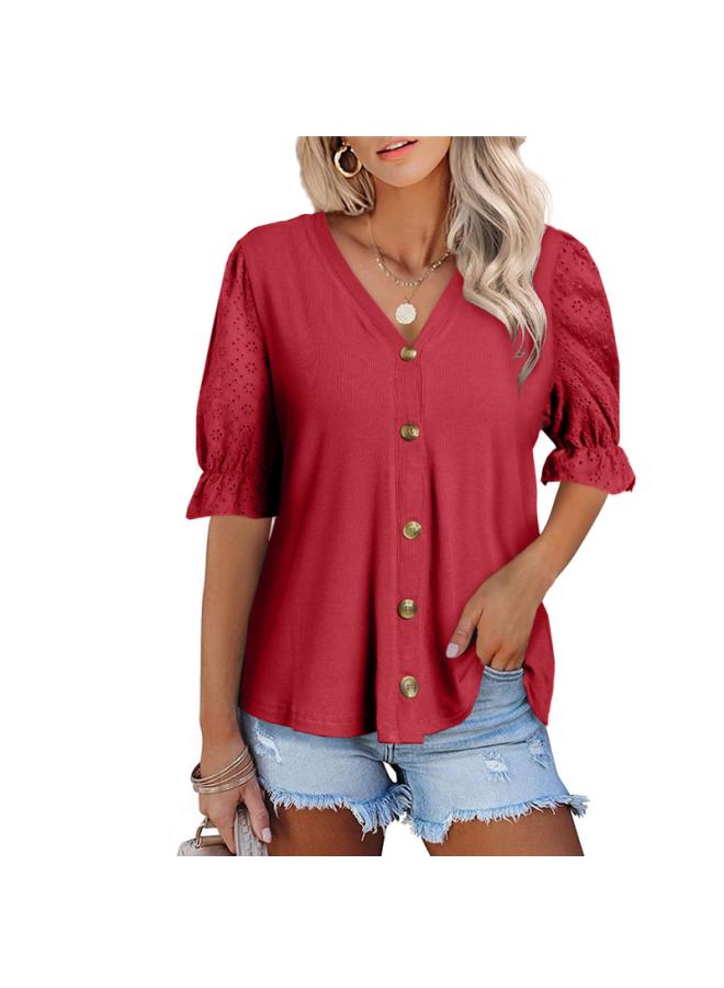 VUELO Summer Europe And The United States New Women's Hollow Sleeve Knitted Cardigan Button V-neck T-shirt Jacket - Image 1