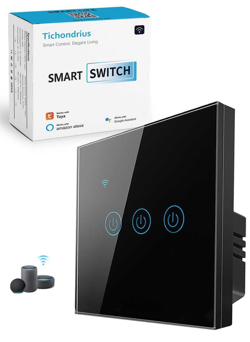 Tichondrius WiFi Smart Switch, Smart Touch Light Switch work with Tuya Smart APP, WiFi & Voice Control, Alexa/Google Home Compatible, Easy Installation (black 3 Gang) - Image 1