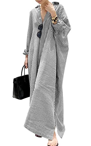 chouyatou Women's Casual Long Sleeve Button Down Loose Striped Cotton Maxi Shirt Dress (Small, Black) - Image 4