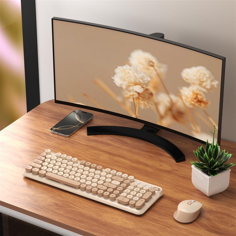Links9+ Wireless Keyboard and Mouse Combo, Full-Size Retro Typewriter Keyboard Style, 2.4GHz USB Receiver, Plug-and-Play, Keyboard Mouse Set for Computer, Laptop, Windows, Mac, and PC (Milk Tea) - Image 2