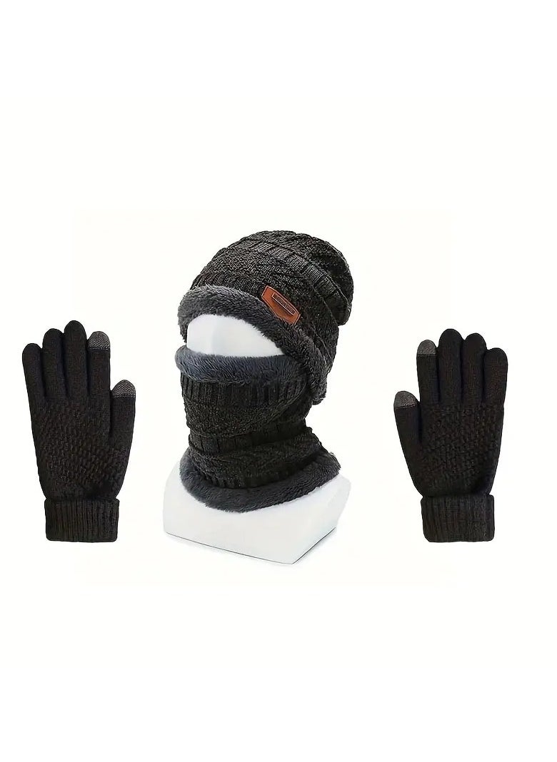VIUAUAX 3 Pcs Cuff Knit Hat & Neck Warmer & Gloves Set   Ear Protection Warm Hat Neck Cover Letter Patched Thermal Hat And Fleece Neck Warmer Scarf And Winter Full Finger Gloves For Women & Men  - Image 1