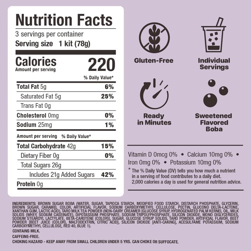 YULU FOODS Instant Bubble Pearl Taro Milk Tea Kit with Authentic Brown Sugar Tapioca Pearls - Ready in Under One Minute, Paper Straws Included - 3 Servings. - Image 4