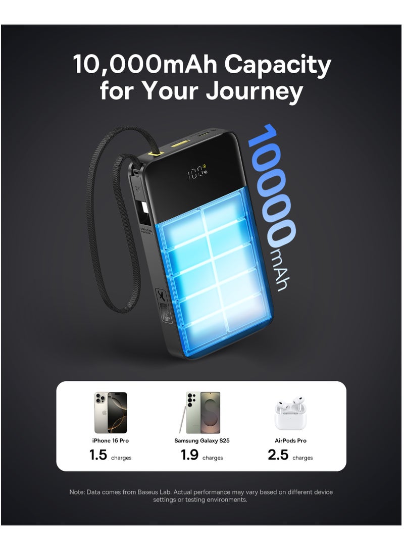 بيسوس بنك طاقة نحيف مع شحن سريع 22.5 واط USB-C PD و QC 3.0، كابل USB-C مضفر مدمج، شاشة رقمية LED، شاحن محمول مدمج وخفيف الوزن لهواتف iPhone 16/15/14، iPad، Samsung Galaxy S25/S24/S23، أجهزة Android، معتمد من شركات الطيران - - Image 2
