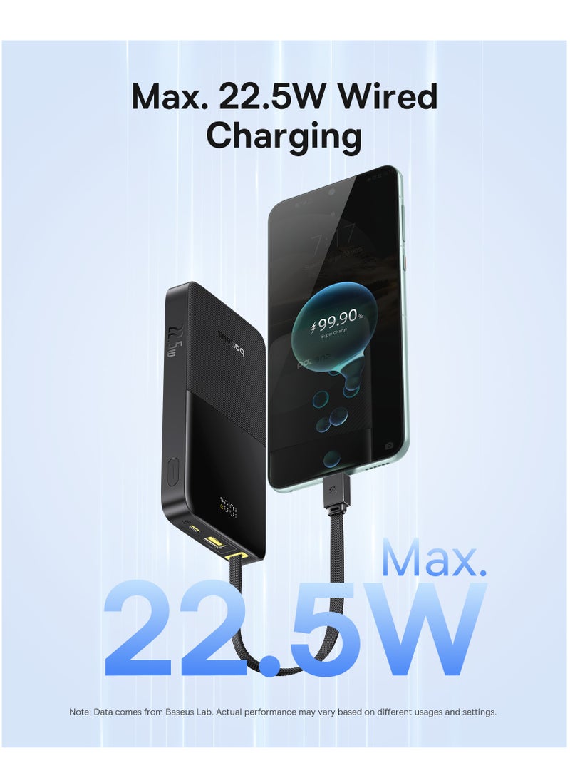 بيسوس بنك طاقة نحيف مع شحن سريع 22.5 واط USB-C PD و QC 3.0، كابل USB-C مضفر مدمج، شاشة رقمية LED، شاحن محمول مدمج وخفيف الوزن لهواتف iPhone 16/15/14، iPad، Samsung Galaxy S25/S24/S23، أجهزة Android، معتمد من شركات الطيران - - Image 4
