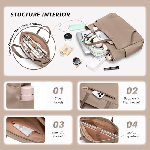 GOLF SUPAGS Laptop Tote Bag 15.6 Inch, Computer Shoulder Bag Large Work Tote Bag for Women, Laptop Carrying Case Stylish Handbag for Business Travel (Champagne) - Image 3