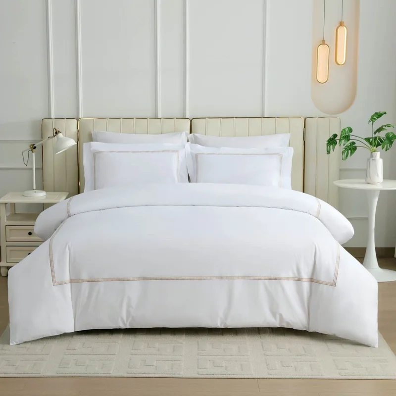 DWELL Dwell-100% Cotton Percale Embroidered 4 Piece Duvet Cover Set - Alexis-Duvet Cover - 240 x 220 CM, Fitted Sheet - 180 x 200 x 38 CM Pillow cases 50 x 80 CM-White/Gold