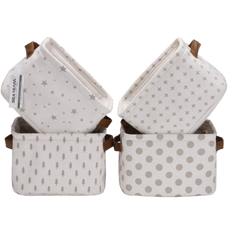 Sea Team Collapsible Small Canvas Fabric Storage Basket with Handles, Square Mini Storage Box, Cube, Foldable Shelf Basket, Closet, Desk Organizer for Nursery, Home, Office (Grey, Set of 4) - Image 1