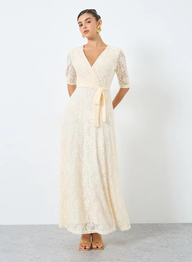 Styli Lace Waist Tie A-Line Maxi Dress with 3/4th Sleeves