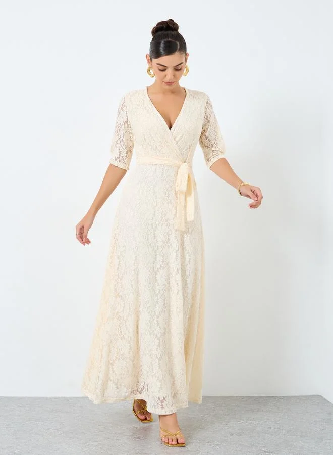 Styli Styli Lace Waist Tie A-Line Maxi Dress with 3/4th Sleeves